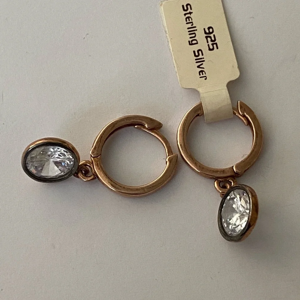 925 Silver round cz stone hoops earrings 14k rose gold plated